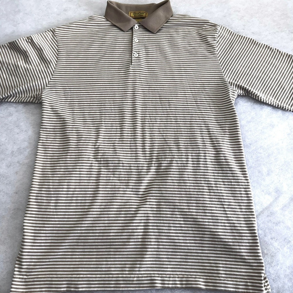 Cross Creek Pro Collection‎ Mens L Polo Shirt Tan White Striped Pima Lisle USA